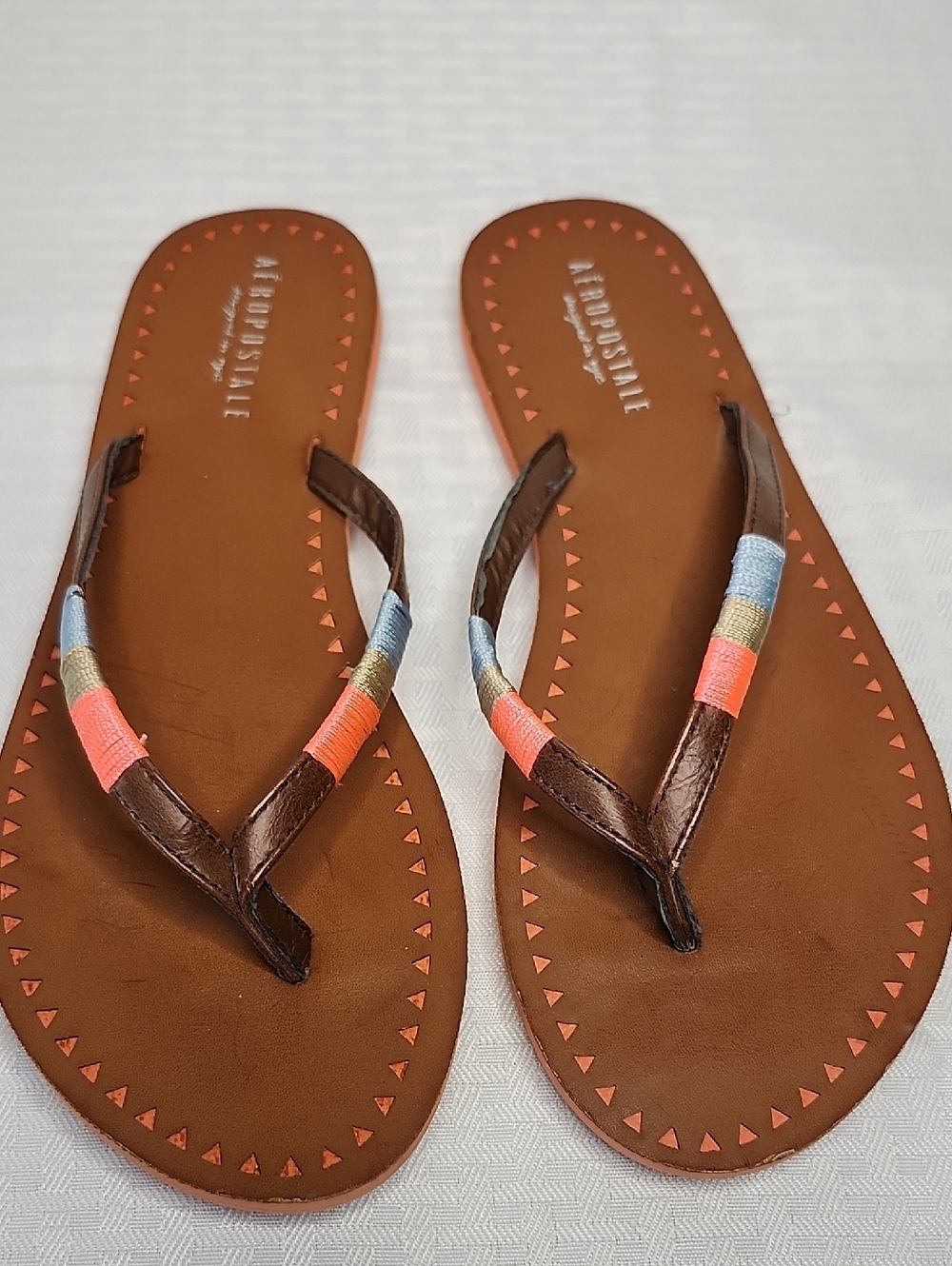 Aeropostale Brown Flip-Flop Sandals Coral Blue Thread Wrap NEW